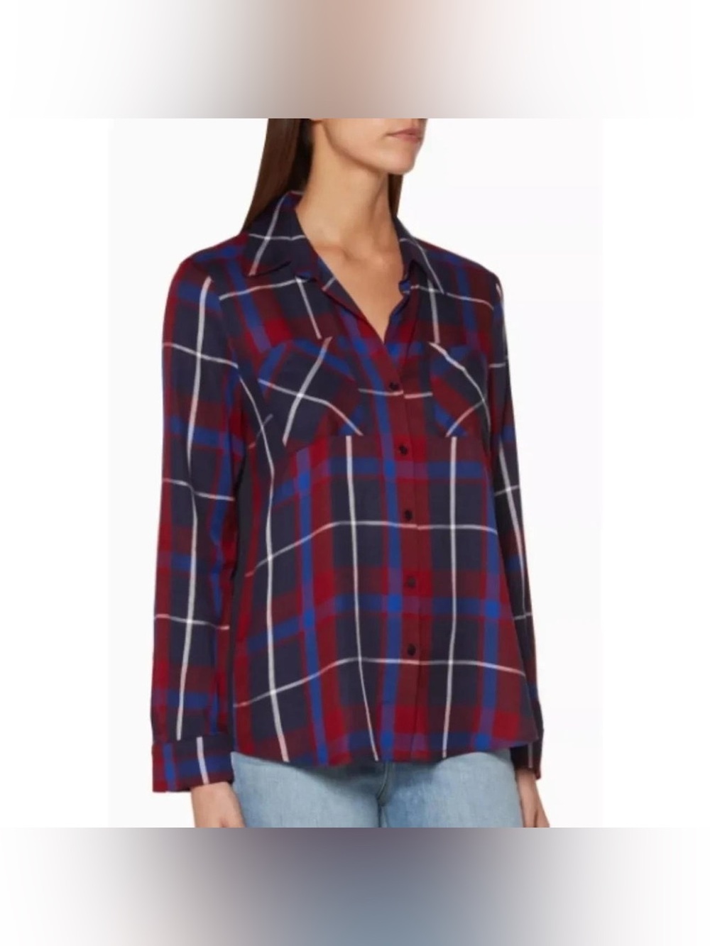 L’AGENCE Denise Plaid Silk Contrast Back Button Down Shirt, Size Small